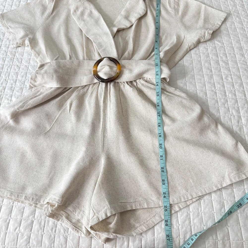 Louna Womens Beige Short Sleeve Romper With Belt, S, Viscose/Linen Blend Made In - Picture 12 of 14